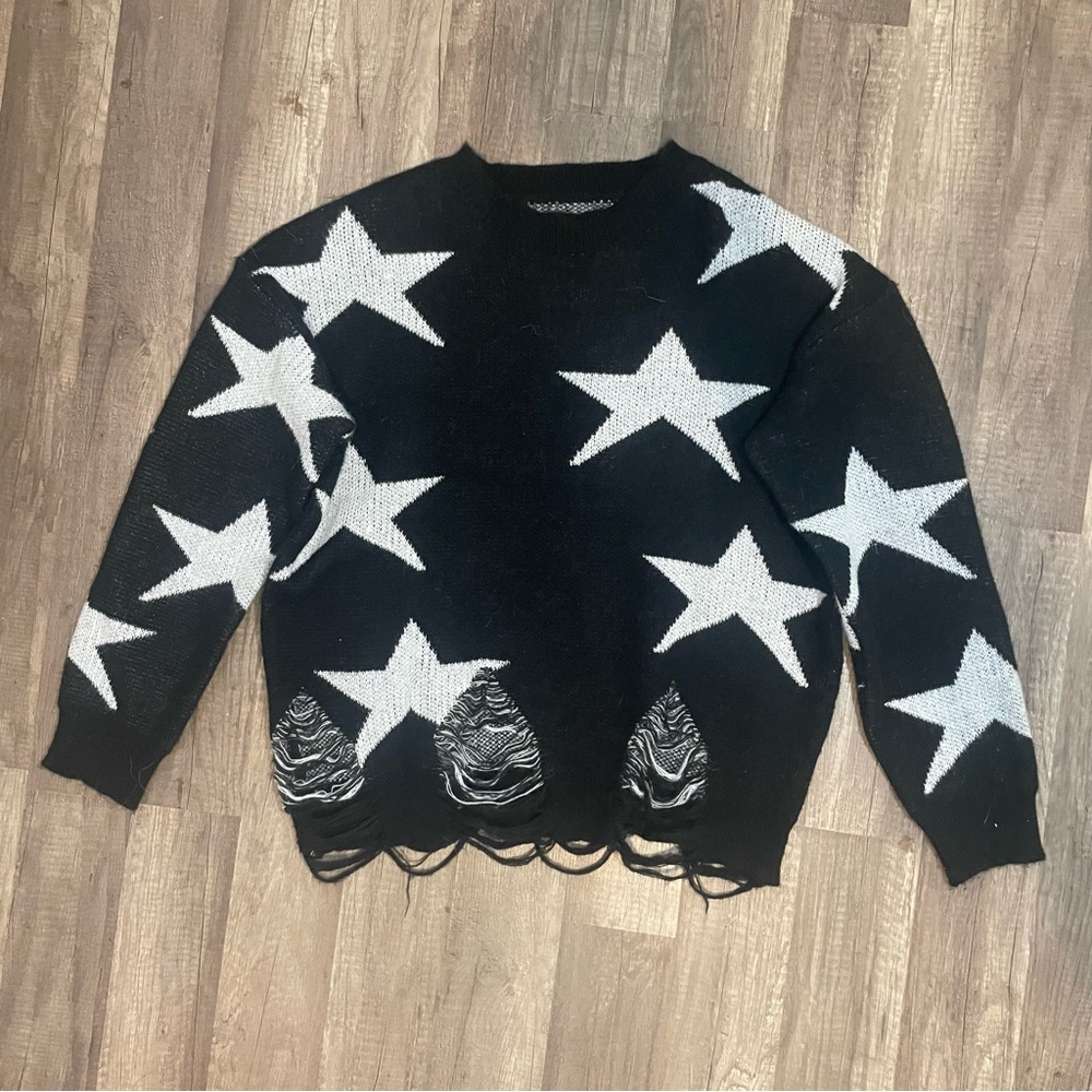 ROMWE Black and White Crew Neck Sweater with Star Pattern